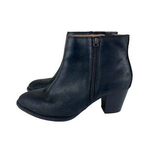 Vionic Womens Sz 7.5 Black Leather Block Heel Ankle Boot Bootie Side Zip